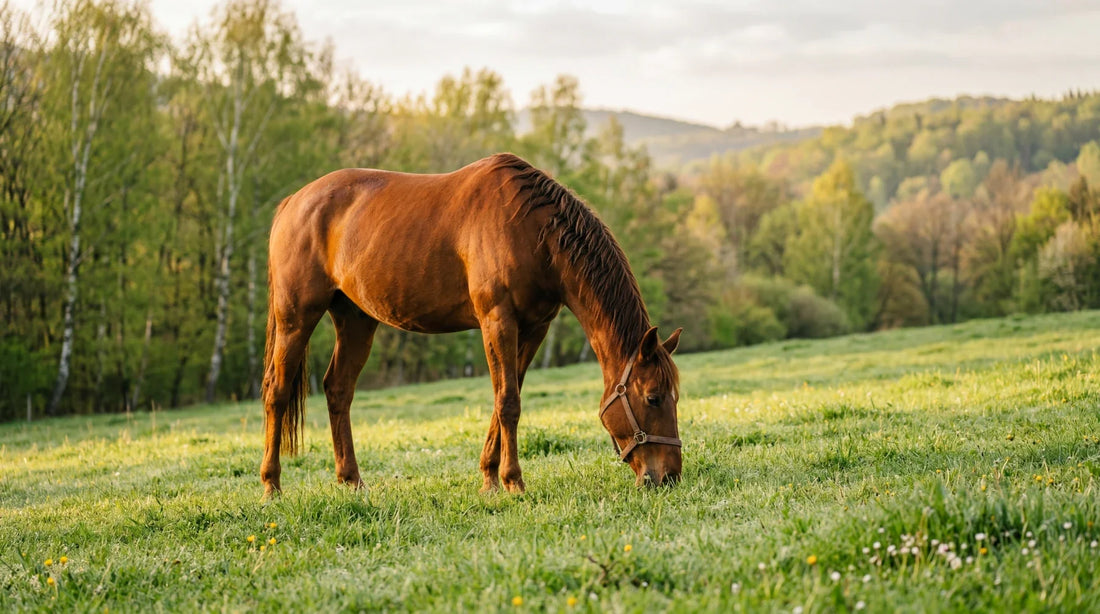 Pferd auf frühlingsgrüner Weide beim Anweiden