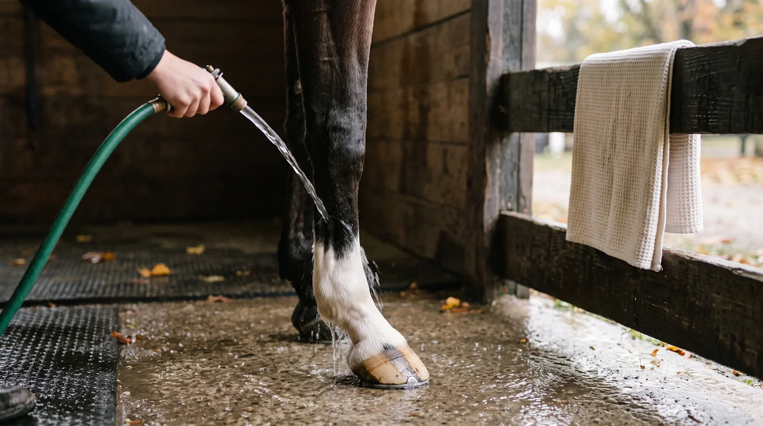Pferdebein wird an der Waschbox mit klarem Wasser abgespült, daneben ein Handtuch am Geländer