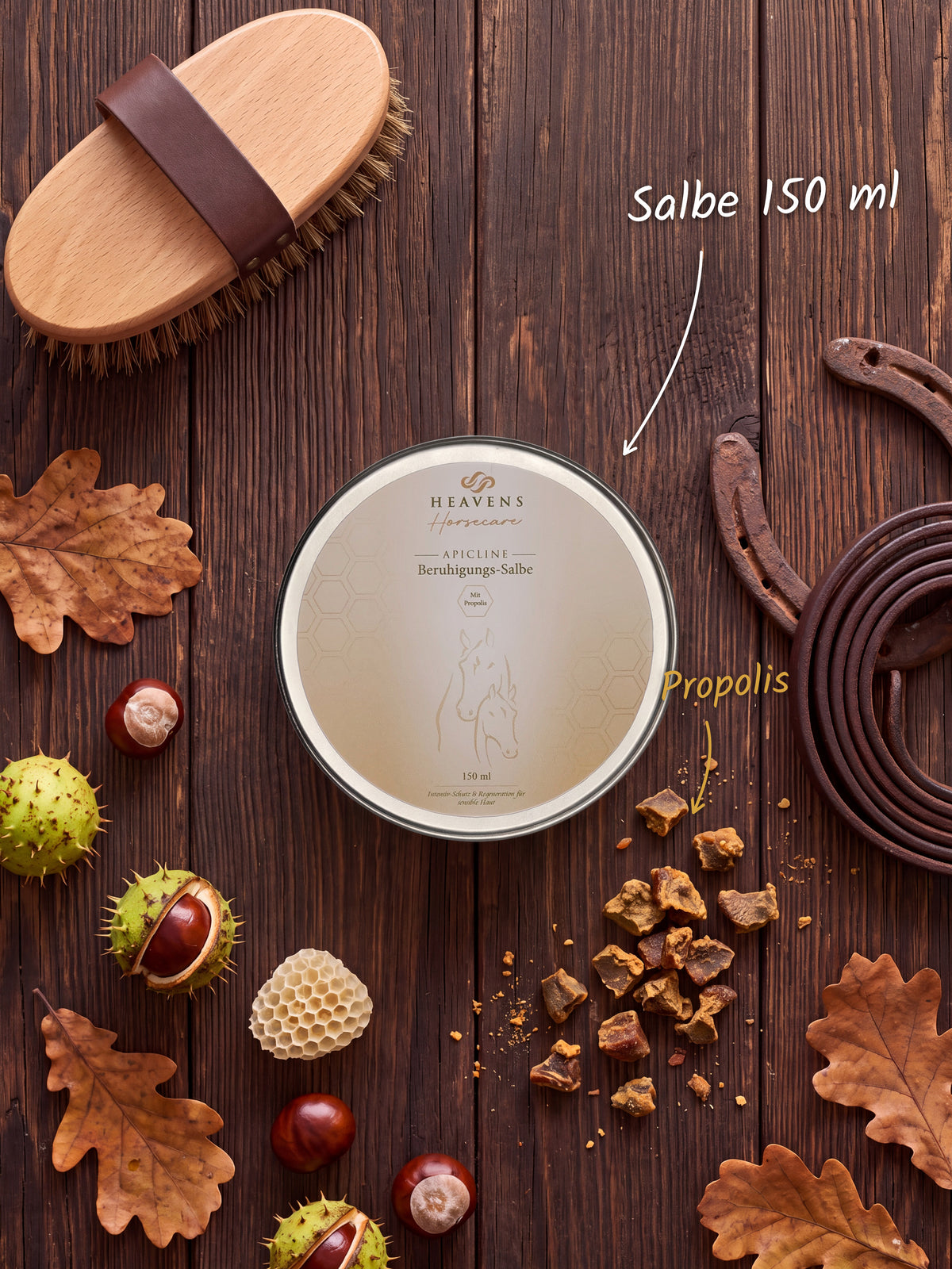 Heavens Horsecare Beruhigungs-Salbe 150 ml mit Propolis in der Metalldose, auf dunklem Holz neben Pferdebürste, Hufeisen und Lederstrick, dazu Rohpropolis, eine Wabe, Kastanien und Eichenlaub