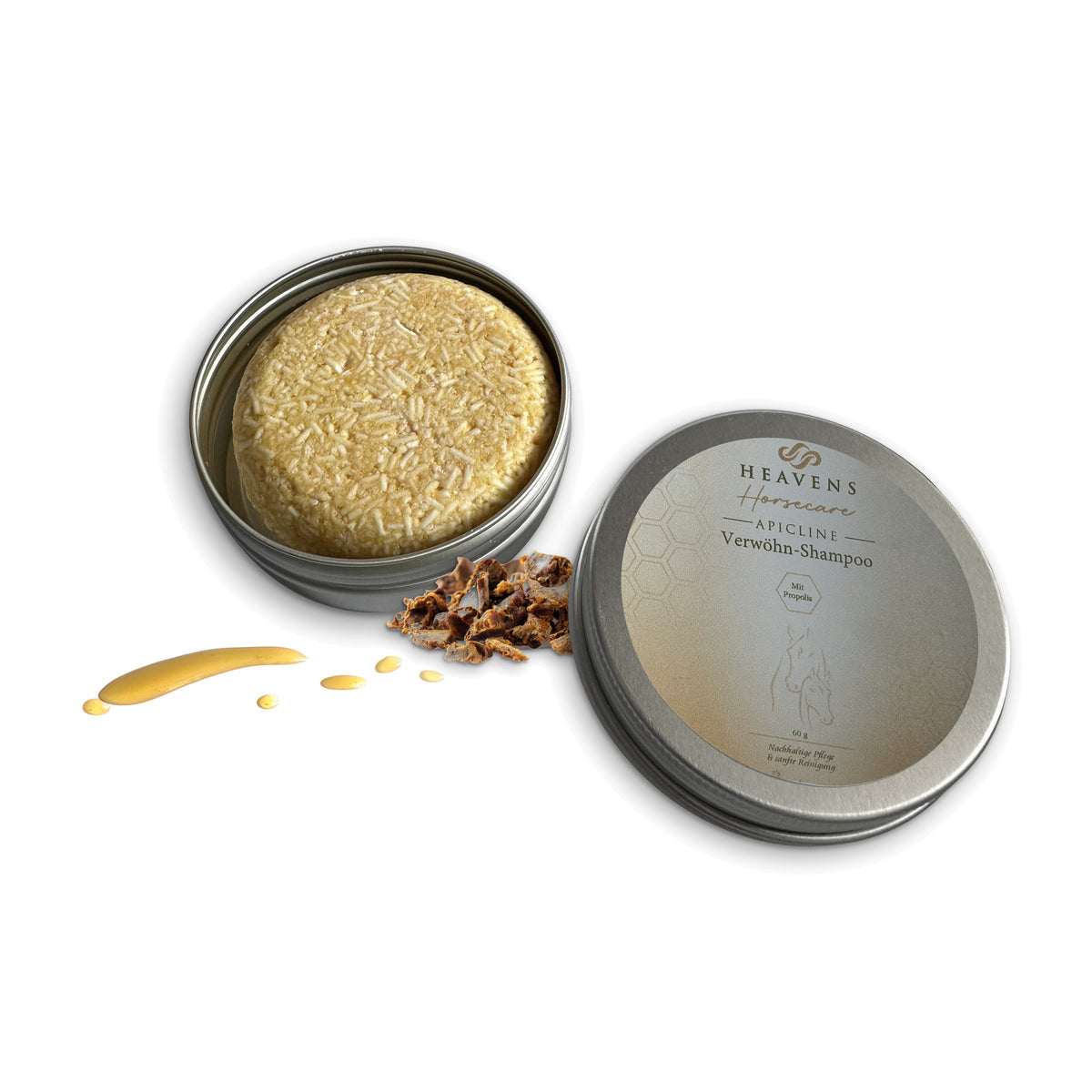 Propolis Verwöhn-Kernseife 60 g, offene Dose mit der Seife, Deckel daneben, Propolis und Honig