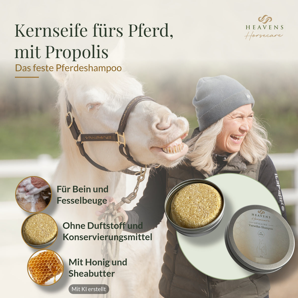 Kernseife fürs Pferd mit Propolis: für Bein und Fesselbeuge, ohne Duftstoff und Konservierungsmittel, mit Honig und Sheabutter