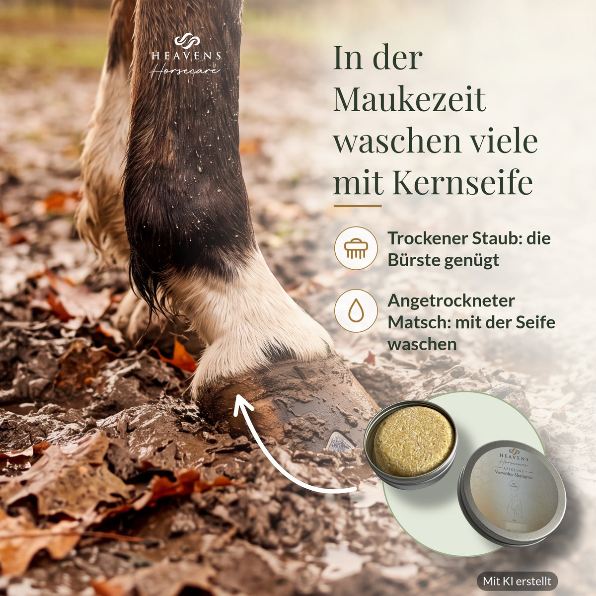 In der Maukezeit waschen viele mit Kernseife: Pferdebein im Matsch, trockener Staub mit der Bürste, angetrockneter Matsch mit der Seife