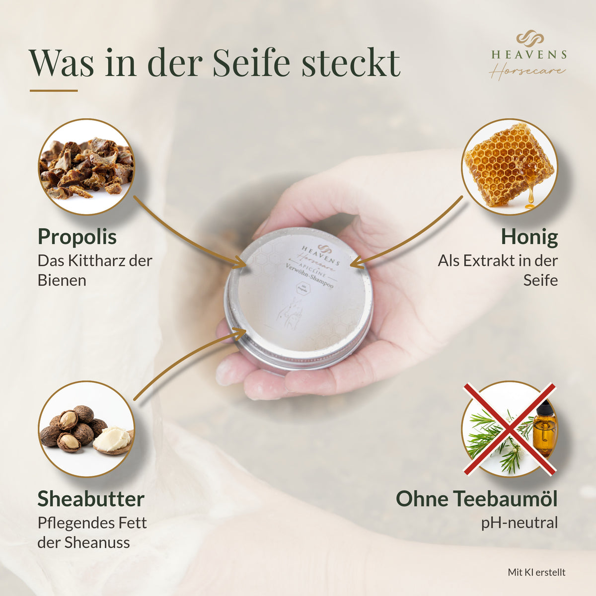 Was in der Seife steckt: Propolis, Honig und Sheabutter, ohne Teebaumöl, pH-neutral