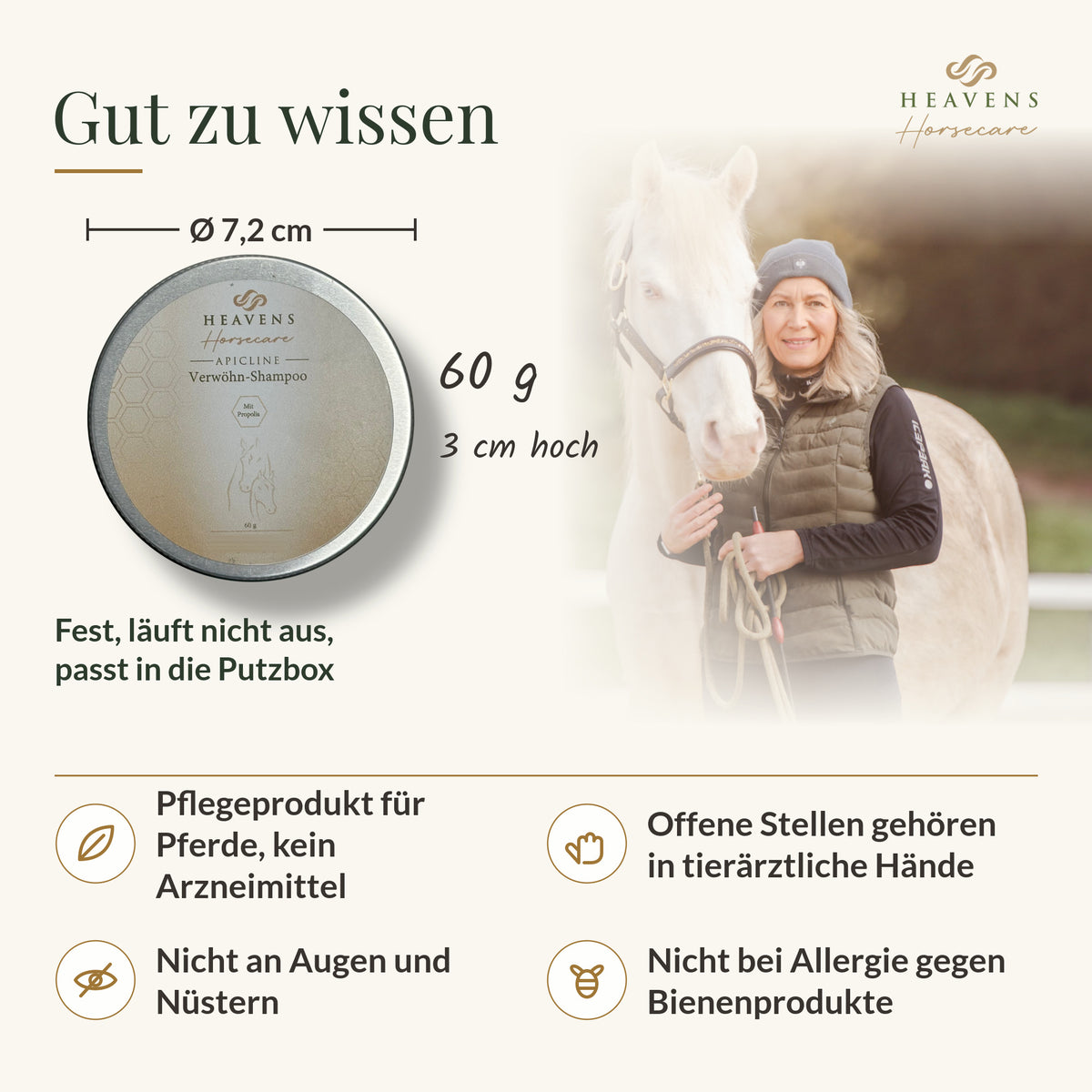 Gut zu wissen: Dose 7,2 cm Durchmesser, 3 cm hoch, 60 g, Pflegeprodukt für Pferde, Hinweise zu offenen Stellen, Augen und Bienenprodukten