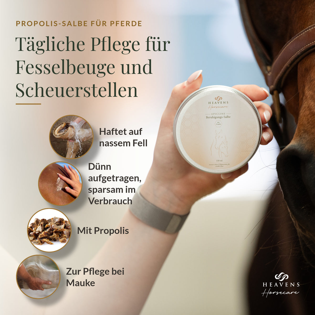 Auf einen Blick: haftet auf nassem Fell, dünn aufgetragen, mit Propolis, zur Pflege bei Mauke