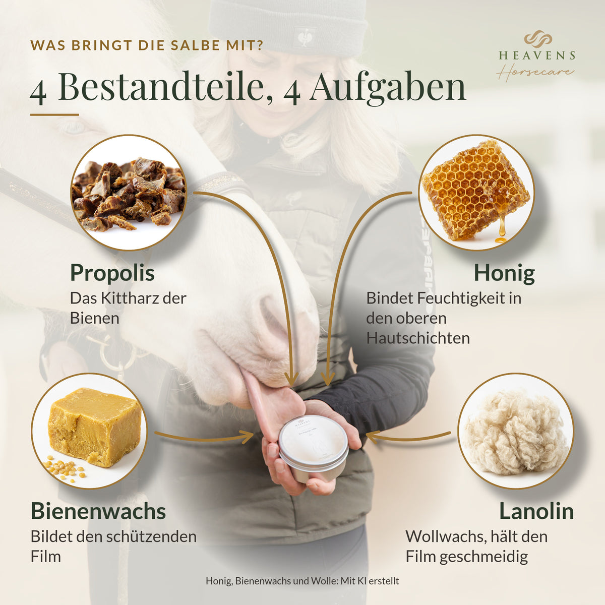 Vier Bestandteile: Propolis, Honig, Bienenwachs und Lanolin
