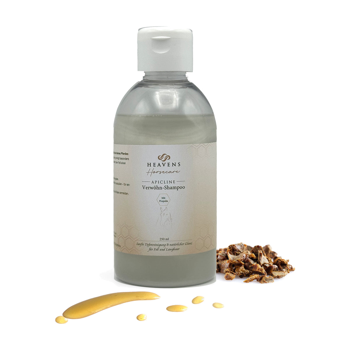 Propolis-Shampoo 250 ml, Flasche von vorn, daneben Propolis und Honig