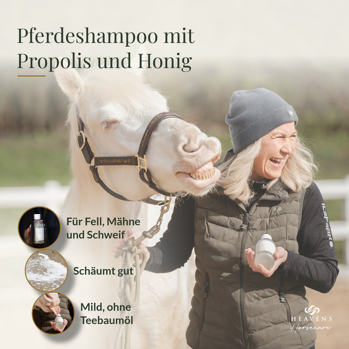 Pferdeshampoo mit Propolis und Honig: Reiterin lacht mit ihrem Schimmel, für Fell, Mähne und Schweif, schäumt gut, mild, ohne Teebaumöl