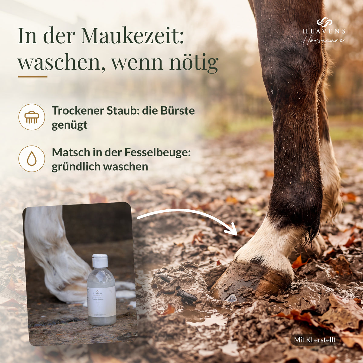 Waschen, wenn nötig: Pferdebein im Herbstmatsch, trockenen Staub holt die Bürste heraus, Matsch in der Fesselbeuge wird gründlich gewaschen