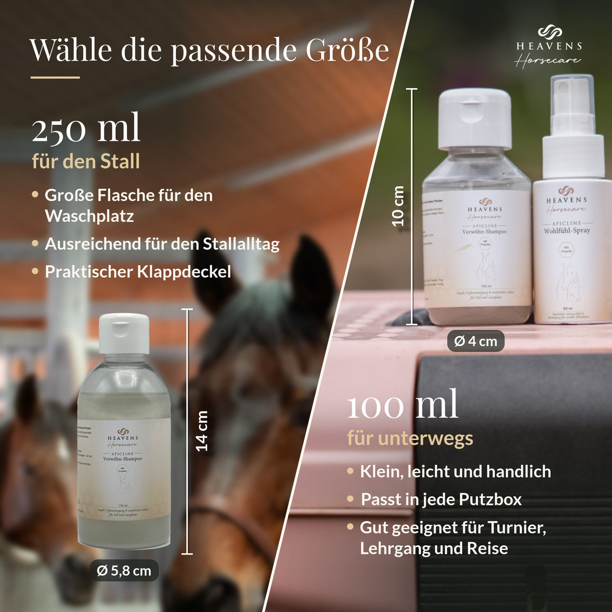 Wähle die passende Größe: 250 ml für den Stall, 100 ml für unterwegs