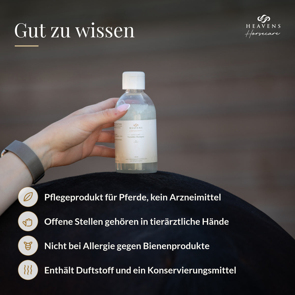 Gut zu wissen: Pflegeprodukt für Pferde, offene Stellen gehören in tierärztliche Hände, nicht bei Allergie gegen Bienenprodukte, enthält Duftstoff und ein Konservierungsmittel