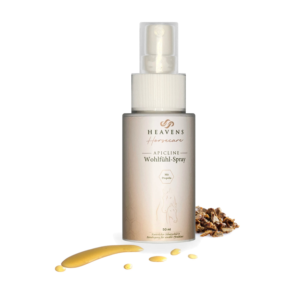Propolis Wohlfühl-Spray 50 ml, Flasche von vorn, daneben Propolis und Honig