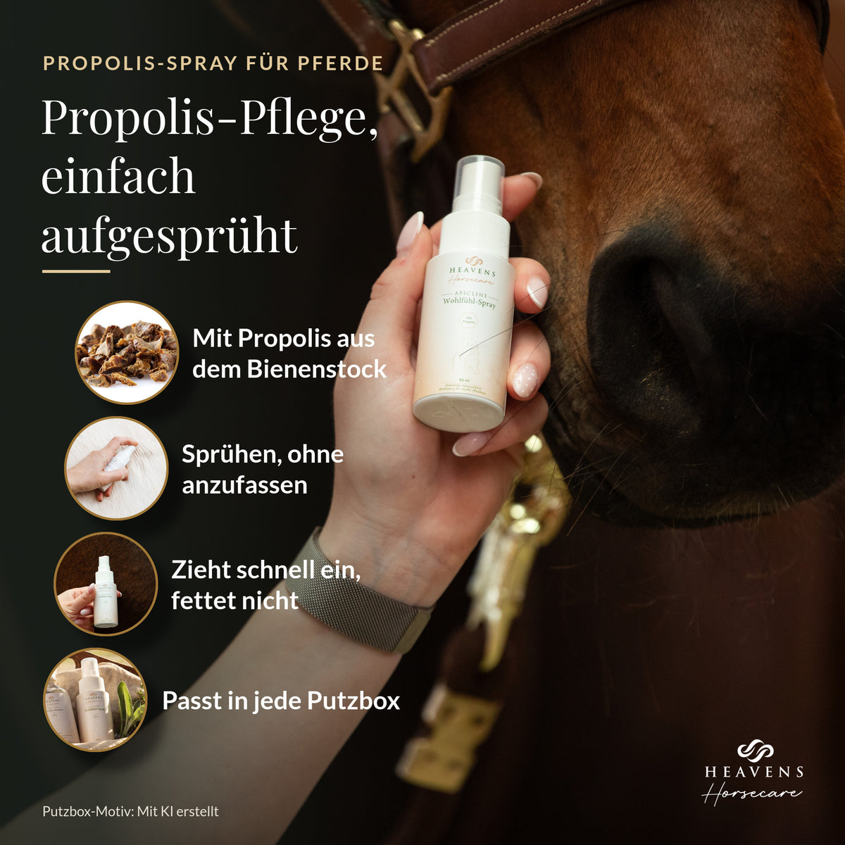 Propolis-Pflege, einfach aufgesprüht: mit Propolis aus dem Bienenstock, sprühen ohne anzufassen, zieht schnell ein und fettet nicht, passt in jede Putzbox
