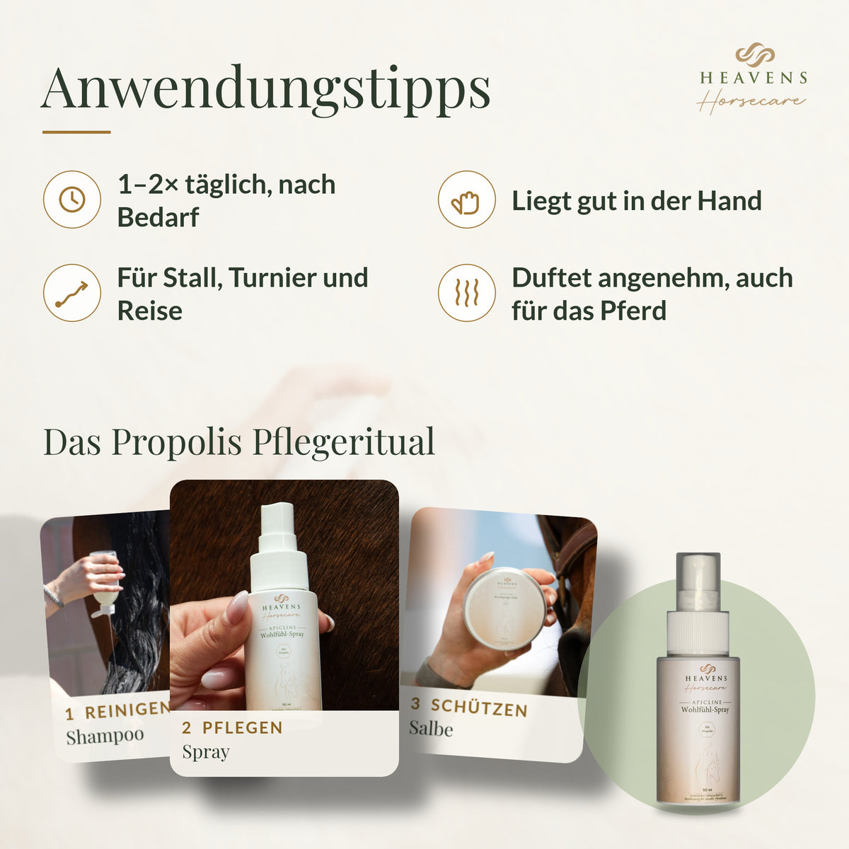 Anwendungstipps: ein- bis zweimal täglich nach Bedarf, für Stall, Turnier und Reise, dazu das Pflegeritual mit Shampoo, Spray und Salbe