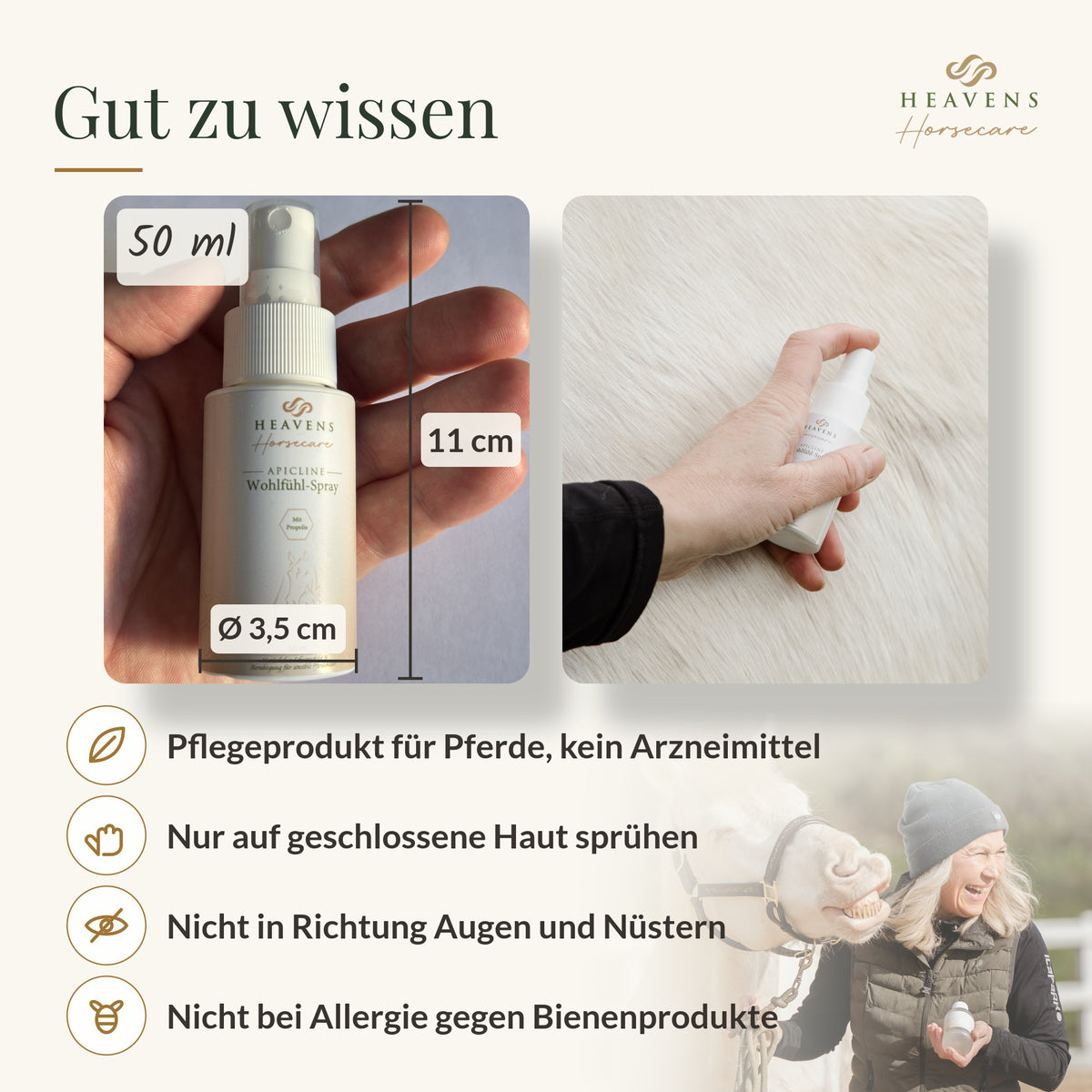 Gut zu wissen: Flasche 50 ml, 11 cm hoch, 3,5 cm Durchmesser, Pflegeprodukt für Pferde, Hinweise zu geschlossener Haut, Augen, Nüstern und Bienenprodukten