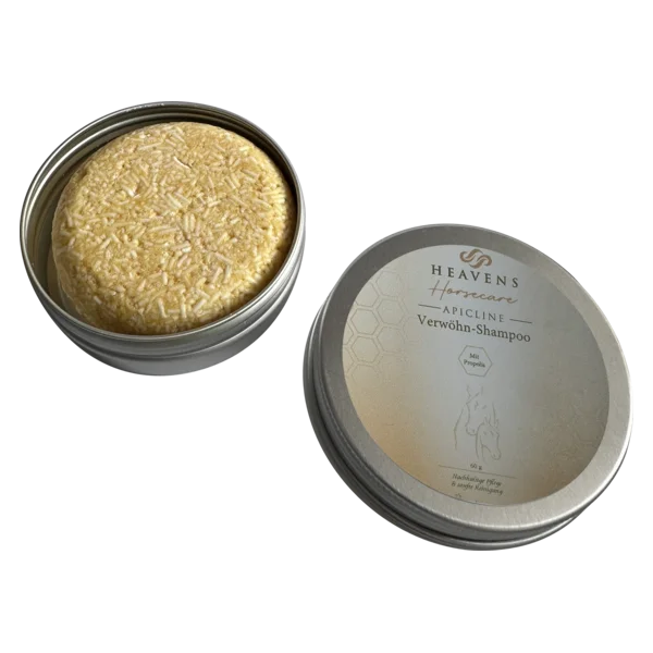 Geöffnete Dose Propolis Kernseife, daneben der Deckel