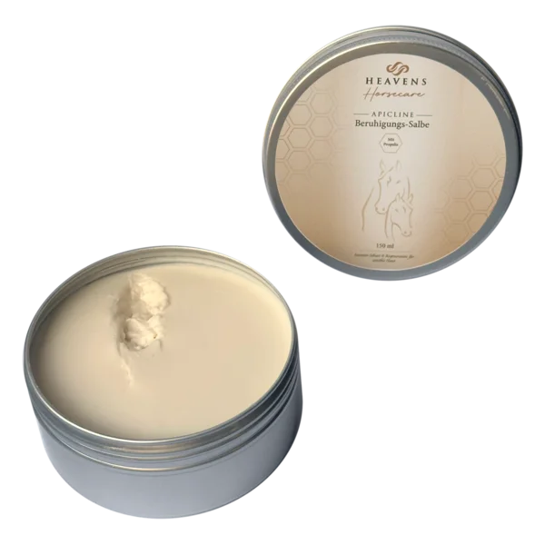 Geöffnete Dose Propolis Beruhigungs-Salbe, daneben der Deckel
