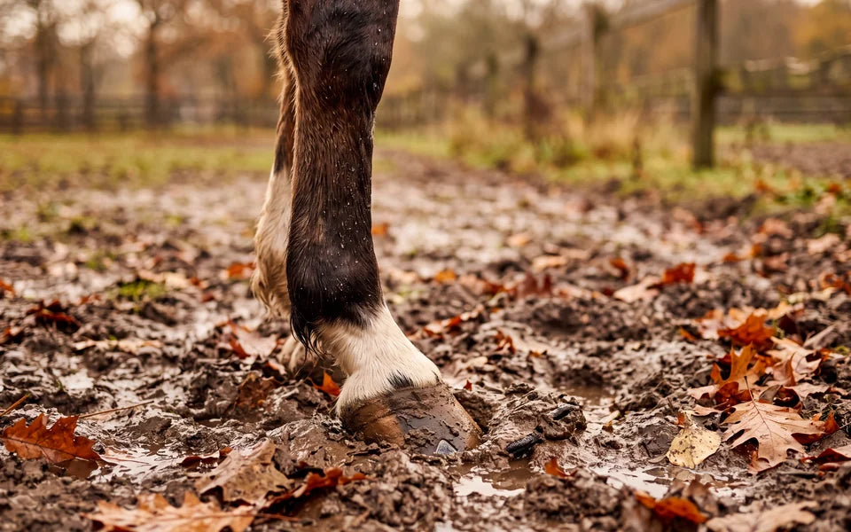 Pferdebein mit weißem Fuß im nassen Herbstmatsch zwischen Laub