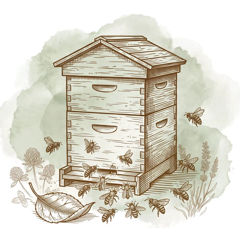 Zeichnung: Ein Bienenstock aus Holz mit Bienen am Flugloch
