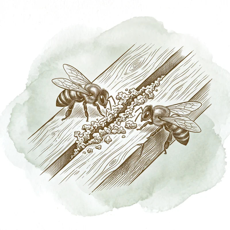 Zeichnung: Zwei Bienen dichten eine Ritze zwischen Holzrähmchen mit Propolis ab